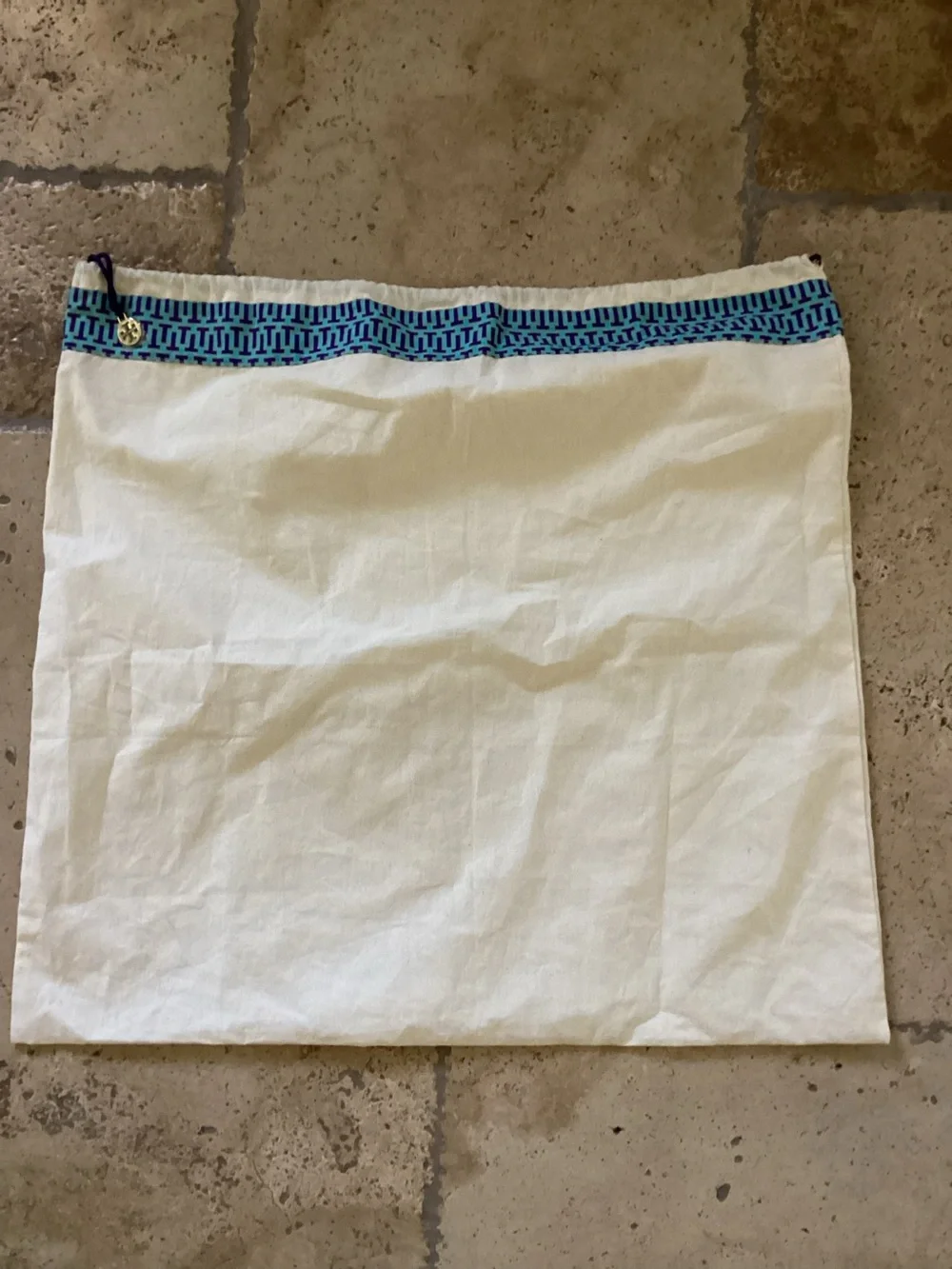 TORY BURCH Canvas Dust Bag Tote 23 x 24 Blue Trim Gold Logo Pull Drawstring